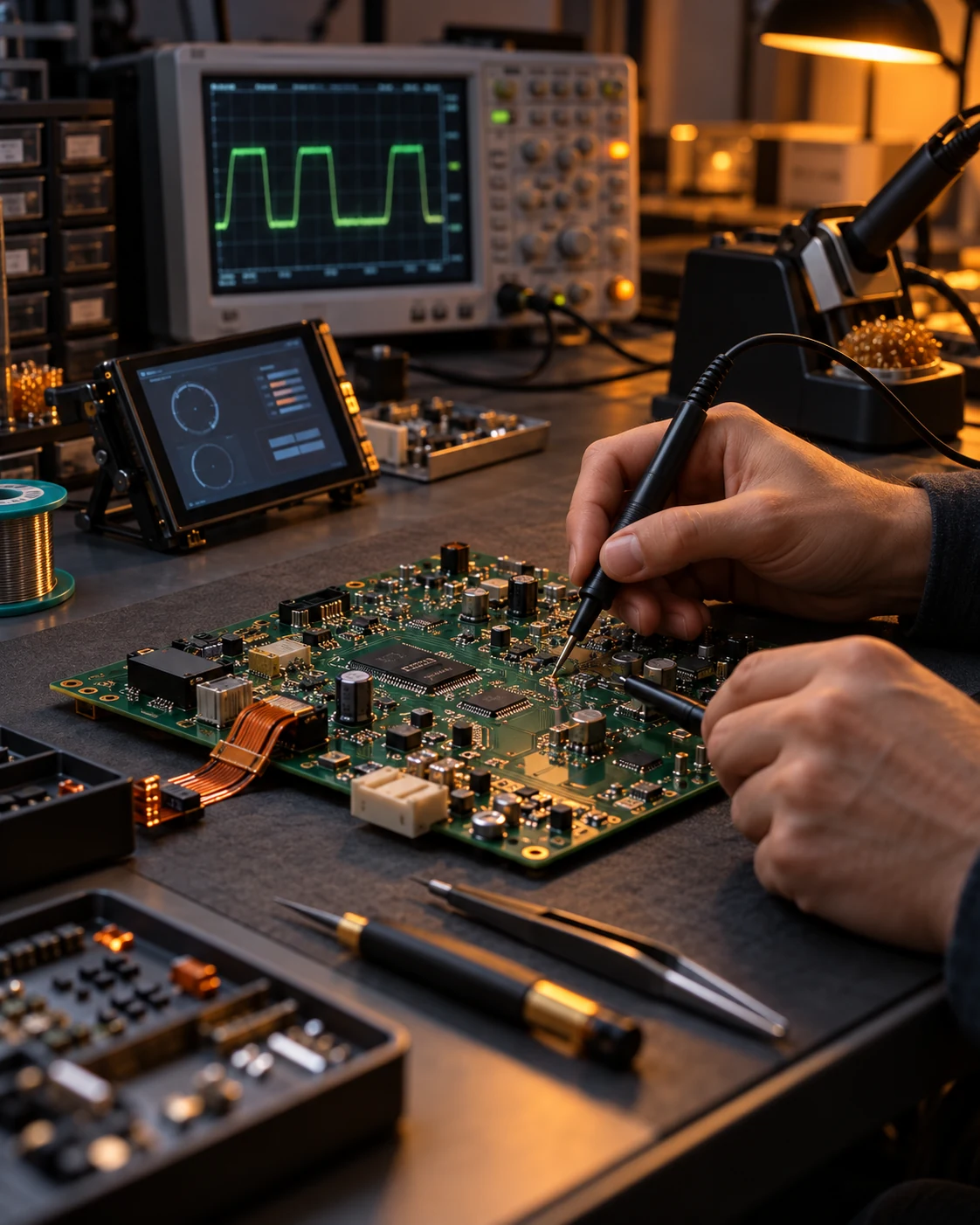 Illustrative electronics workbench with a circuit board, display and test equipment