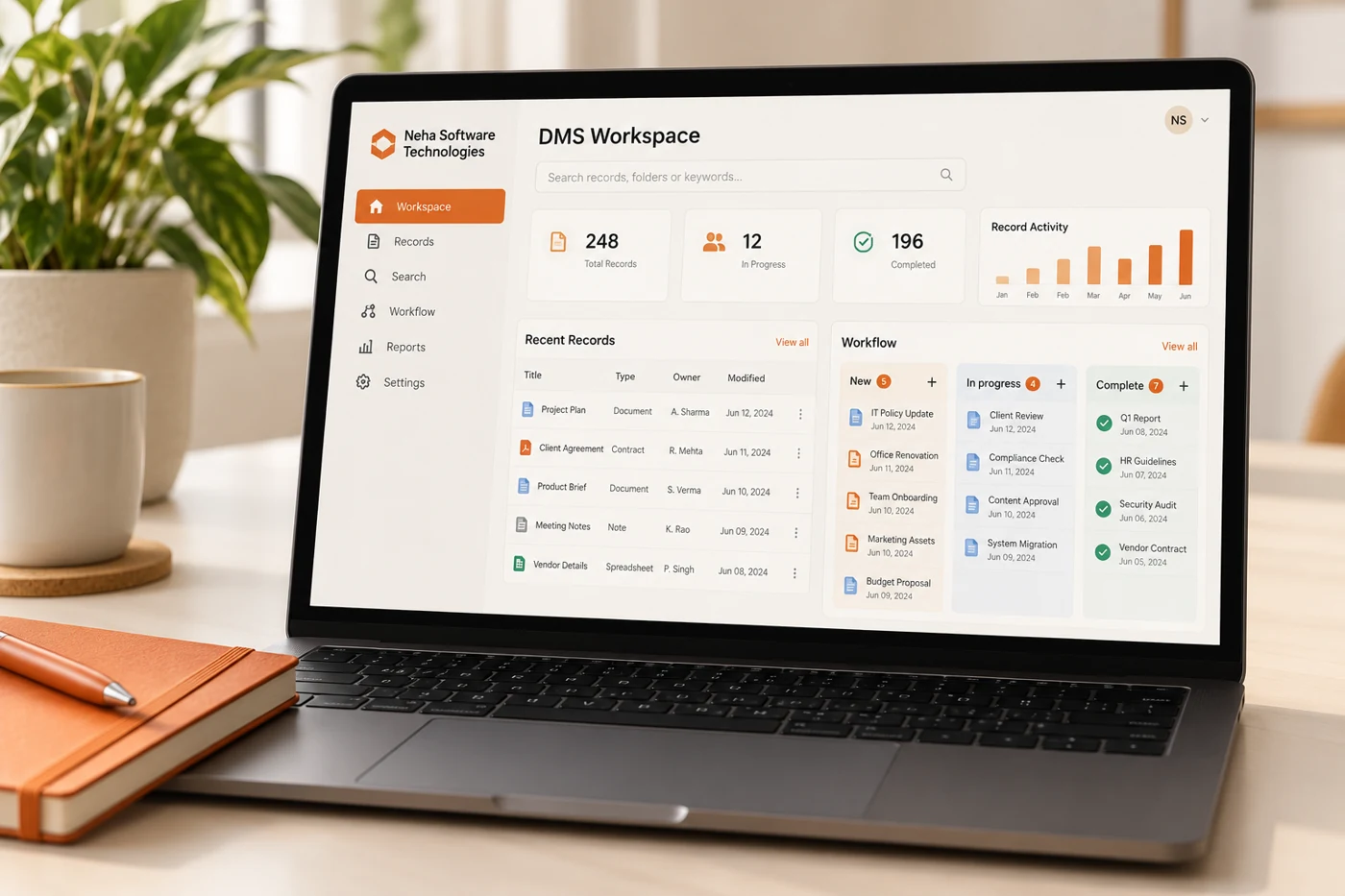 Illustrative Document Management System software concept on a laptop